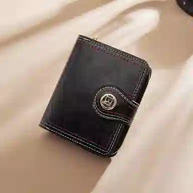 老人头 复古时尚精致多卡位折叠短款 合成革 钱包 女款 黑色/红色