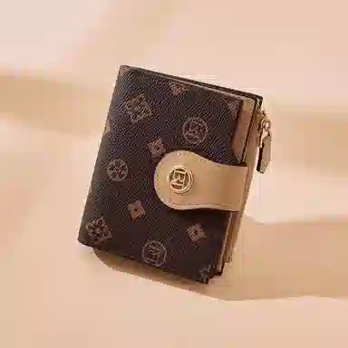 老人头 满印小众设计高级质感通勤优雅老花短款多功能多卡位票夹卡包 合成革 钱包 女款 咖色