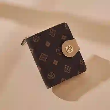 老人头 经典老花折叠短款通勤轻便实用 合成革 卡包 常规 女款 咖色