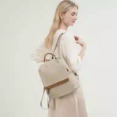 老人头 简约时尚高中生大学生高颜值防盗设计背包 织物 双肩包 女款 百搭黑/杏配棕