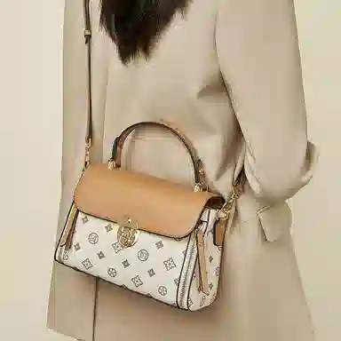 老人头 时尚高级感小众设计时髦优雅气质通勤 合成革 单肩斜挎手提包 女款 咖啡色/米白色