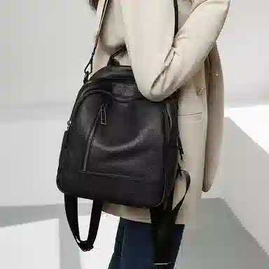 老人头 休闲百搭时尚简约轻便 头层牛皮 双肩包 女款 黑色/大象灰