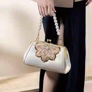 老人头 新中式国风刺绣优雅气质 合成革 斜挎单肩手提包 常规 女款 白色