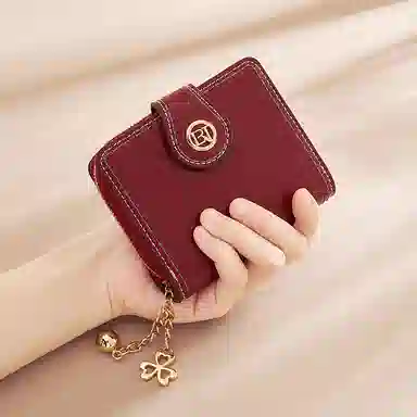 老人头 复古时尚精致多卡位折叠短款 合成革 钱包 女款 黑色/红色