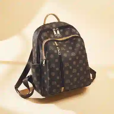 老人头 经典时尚大容量轻便出行百搭通勤 合成革 双肩包 女款 咖色