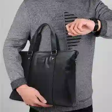 老人头 商务休闲时尚轻便百搭  合成革 手提斜挎公文包 常规 男款 黑色