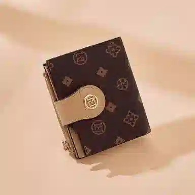 老人头 满印小众设计高级质感通勤优雅老花短款多功能多卡位票夹卡包 合成革 钱包 女款 咖色