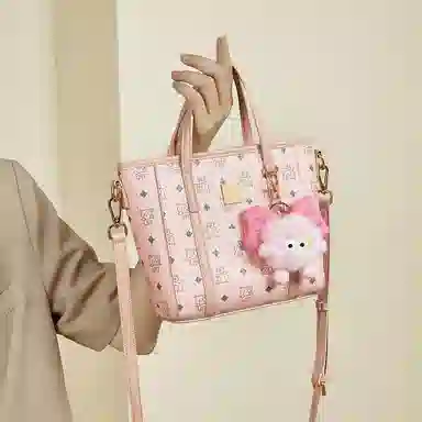 老人头 复古通勤休闲百搭时尚猫咪印花菜篮子 合成革 单肩斜挎手提包 常规 女款 棕色/粉色