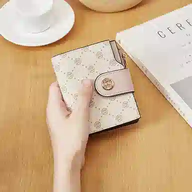 老人头 满印小众设计高级质感通勤优雅老花短款多功能多卡位票夹卡包 合成革 钱包 女款 咖色