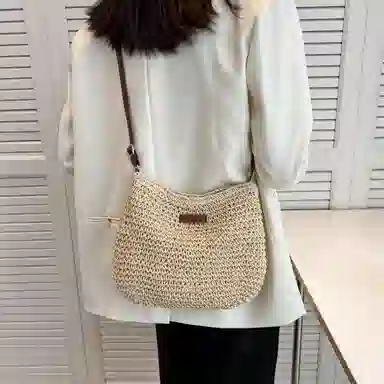 老人头 百搭小众休闲编织单肩包 织物 斜挎包 女款 米色/浅棕色