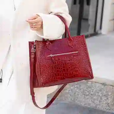 老人头 简约时尚优雅气质大容量百搭鳄鱼纹高级感 头层牛皮 托特包单肩斜挎手提包  常规 女款 黑色/红色/棕色