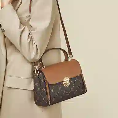 老人头 时尚高级感小众设计时髦优雅气质通勤 合成革 单肩斜挎手提包 女款 咖啡色/米白色