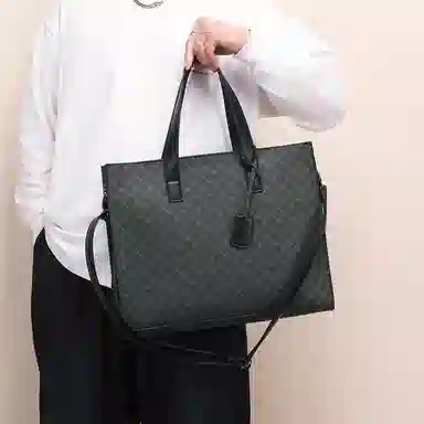 老人头 通勤百搭简约小众设计上班单肩包 合成革 斜挎包 男款 黑色-棋盘格