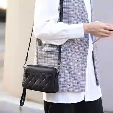 老人头 休闲通勤菱格高级感百搭经典 头层牛皮 单肩斜挎包 常规 女款 黑色/白色/卡其色