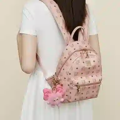 老人头 简约时尚猫咪印花日常通勤休闲百搭上课上班 合成革 双肩包 女款 棕色/粉色