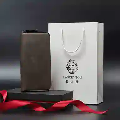 老人头 商务风长款 合成革 钱包 男女同款情侣款 深棕色