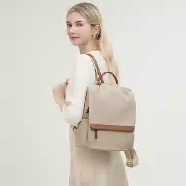 老人头 简约时尚高中生大学生高颜值防盗设计背包 织物 双肩包 女款 百搭黑/杏配棕