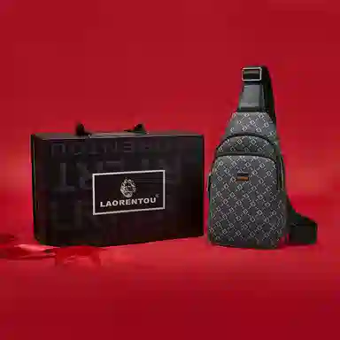 老人头 复古风百搭满印商务通勤老花斜挎包 合成革 胸包 男款 黑色