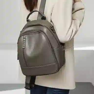 老人头 休闲百搭时尚简约轻便 头层牛皮 双肩包 女款 黑色/大象灰