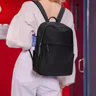 老人头 时尚简约轻便上班通勤短途旅行背包高中生大学生上课百搭 织物 双肩包 女款 经典黑/杏灰色