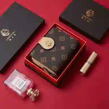 老人头 经典老花折叠短款通勤轻便实用 合成革 卡包 常规 女款 咖色