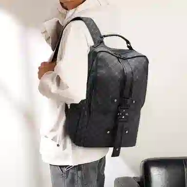 老人头 时尚潮流大容量高级感 合成革 双肩包 常规 男款 黑色