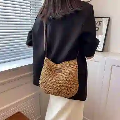 老人头 百搭小众休闲编织单肩包 织物 斜挎包 女款 米色/浅棕色