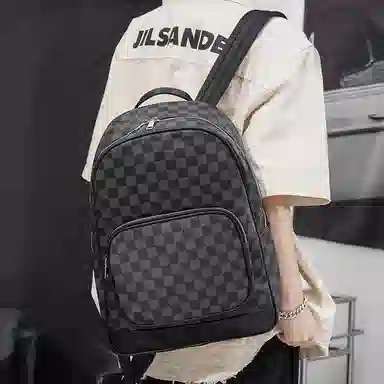 老人头 时尚潮流商务通勤大容量 合成革 双肩包 男女同款情侣款 黑色