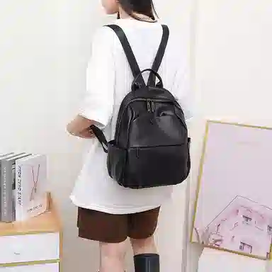 老人头 时尚潮流通勤大学生上课休闲百搭旅行背包 牛皮 双肩包 常规 女款 黑色/白色/粉色