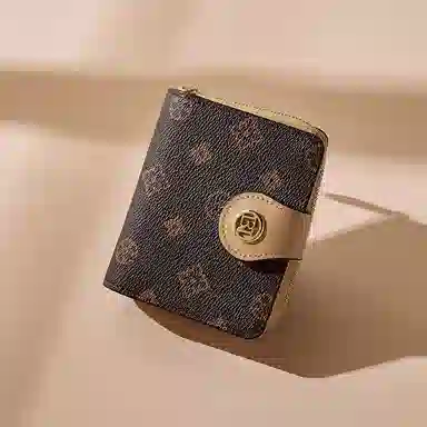 老人头 经典老花折叠短款通勤轻便实用 合成革 卡包 常规 女款 咖色