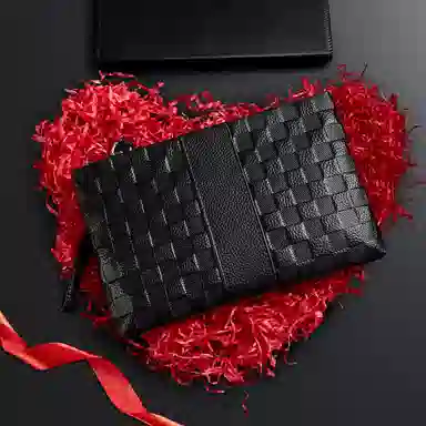 老人头 商务休闲简约风格格纹设计高级感百搭 头层牛皮 男士手拿包 男款 黑色