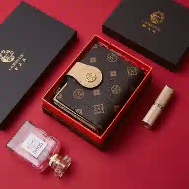 老人头 满印小众设计高级质感通勤优雅老花短款多功能多卡位票夹卡包 合成革 钱包 女款 咖色