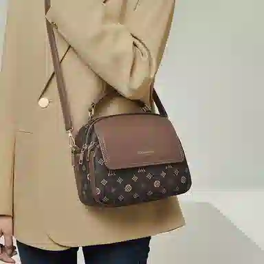 老人头 经典复古印花时尚通勤百搭 合成革 单肩手提包 女款 咖色