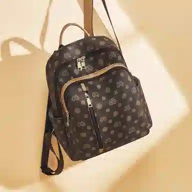 老人头 经典时尚大容量轻便出行百搭通勤 合成革 双肩包 女款 咖色