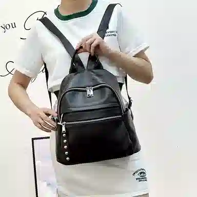 老人头 时尚休闲百搭简约通勤学生上课上班旅行背包 头层牛皮 双肩包 女款 黑色