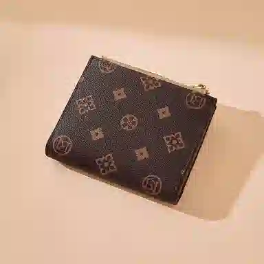 老人头 满印小众设计高级质感通勤优雅老花短款多功能多卡位票夹卡包 合成革 钱包 女款 咖色