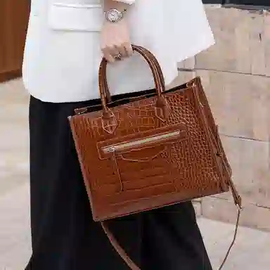 老人头 简约时尚优雅气质大容量百搭鳄鱼纹高级感 头层牛皮 托特包单肩斜挎手提包  常规 女款 黑色/红色/棕色