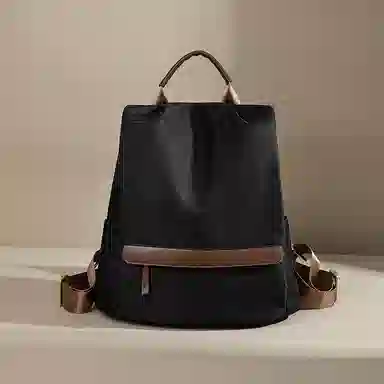 老人头 简约时尚高中生大学生高颜值防盗设计背包 织物 双肩包 女款 百搭黑/杏配棕