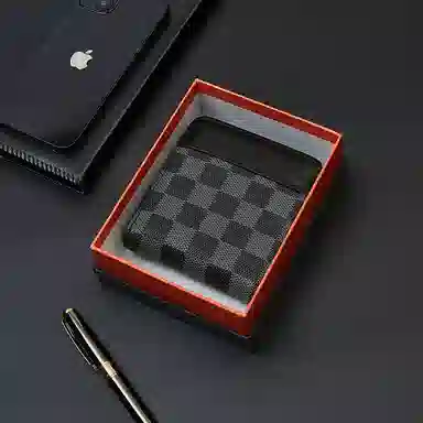 老人头 时尚潮流简约风格商务短款通勤棋盘格设计票夹钱夹 合成革 钱包 男款 黑色