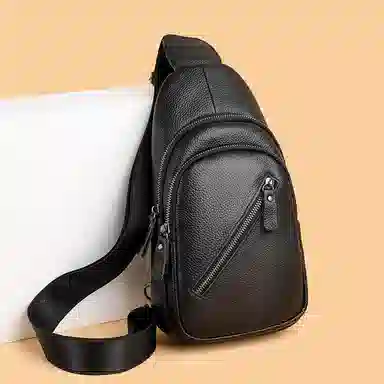 老人头 潮流高级感多功能时尚百搭 牛皮 胸包 常规 男款 黑色