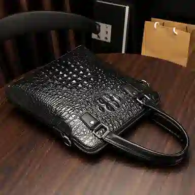 老人头 商务休闲鳄鱼纹高级感百搭通勤手提包单肩斜挎 头层牛皮 公文包 男款 黑色