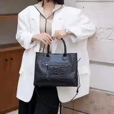 老人头 简约时尚优雅气质大容量百搭鳄鱼纹高级感 头层牛皮 托特包单肩斜挎手提包  常规 女款 黑色/红色/棕色