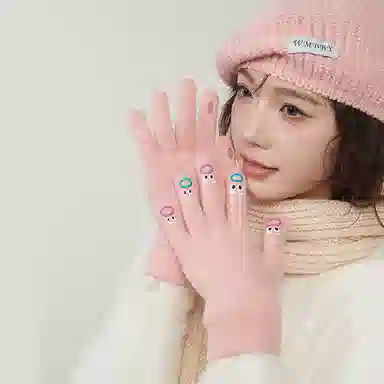 匹克 可爱表情卡哇伊 锦纶 冬季保暖绒线手套 女款