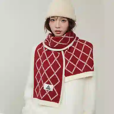 匹克 喜庆红 双色大菱形格针织双面款 绒线围巾 男女同款情侣款