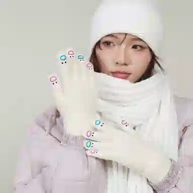 匹克 可爱表情卡哇伊 锦纶 冬季保暖绒线手套 女款