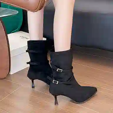 绒面 时尚尖头小个子法式复古尖头百搭气质高跟长靴 短靴 女款