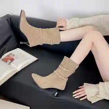 绒面 时尚尖头小个子法式复古尖头百搭气质高跟长靴 短靴 女款