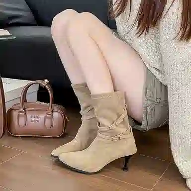 绒面 时尚尖头小个子法式复古尖头百搭气质高跟长靴 短靴 女款