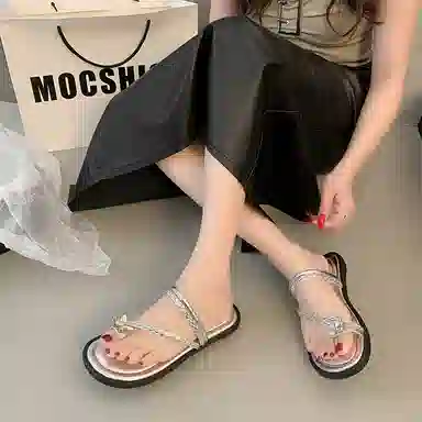 美洲爵士 法式晚晚风韩版水钻人字拖鞋 女