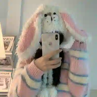 千桐 甜甜小兔软萌可爱套头护耳百搭甜美冬季暖系通勤出行 棉 绒线帽 女款